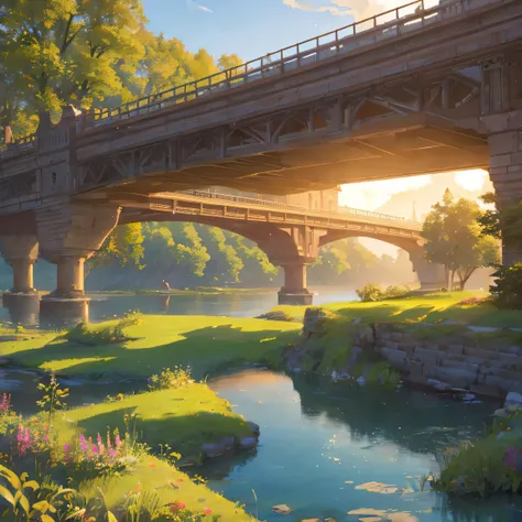 a beautiful game town under a bridge, nostalgic anime style, 1girl, detailed face, detailed eyes, detailed lips, intricate landscape, lush farmland, large houses, scenic lakes, fishermen fishing in the lake, (best quality, 4k, 8k, highres, masterpiece:1.2)...