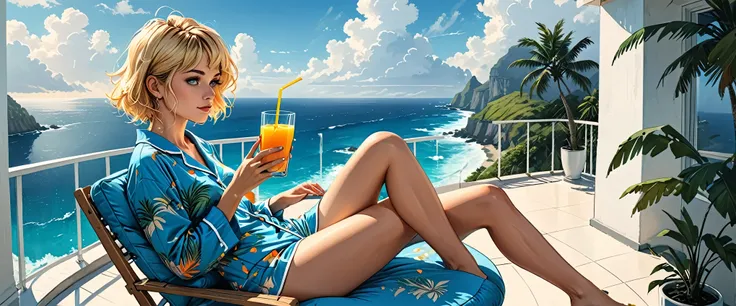 balcony terrace, (high-tech design), minimalism, high angle, fisheye, tropical island, palm trees, ocean, girl sitting on a chair in (blue pajamas), girl sitting on the balcony with juice, Profile Angle, adult, [Nordic], Short blonde Waves pixie hair,  gra...