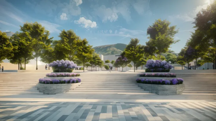 Generate architectural rendering of central square, J, landscape, trees and flowers, people, grey steps. background, green roof, sky, concrete stairs, sculpture, purple hydrangea, surrealism, masterpiece, best quality, super detail, high quality, high reso...