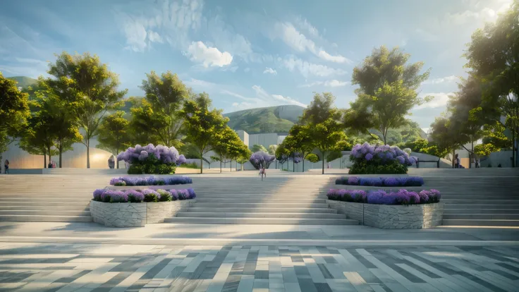 Generate architectural rendering of central square, J, landscape, trees and flowers, people, grey steps. background, green roof, sky, concrete stairs, sculpture, purple hydrangea, surrealism, masterpiece, best quality, super detail, high quality, high reso...