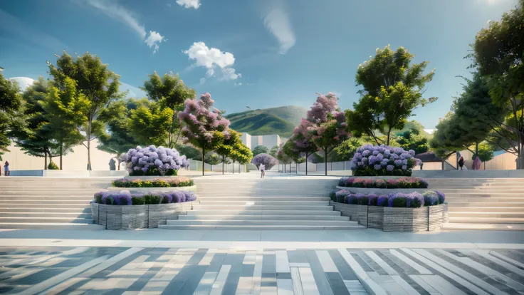 Generate architectural rendering of central square, J, landscape, trees and flowers, people, grey steps. background, green roof, sky, concrete stairs, sculpture, purple hydrangea, surrealism, masterpiece, best quality, super detail, high quality, high reso...