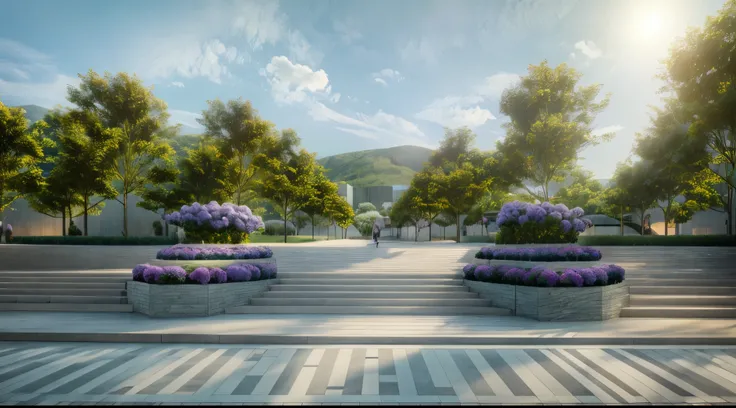 Generate architectural rendering of central square, J, landscape, trees and flowers, people, grey steps. background, green roof, sky, concrete stairs, sculpture, purple hydrangea, surrealism, masterpiece, best quality, super detail, high quality, high reso...
