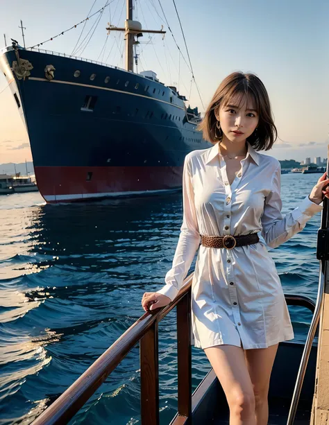 woman standing on a boat、light brown hair、elegant hairstyle、blue eyed woman、a woman with a cute upward gaze、when the sky gets da...