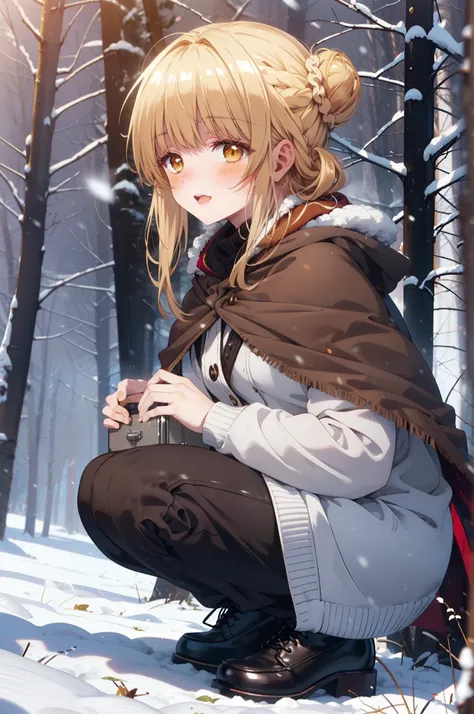 this is mahirshina, mahiru shiina, blonde, (brown eyes:1.7), long hair, happy smile, smile, open your mouth,hair bun, single hai...