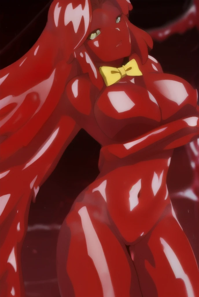  highest quality, Very detailed, Perfect Face, Red Slime Body, Green Eyes, Yellow bow tie, Melting thighs, wrist, ((Dissolves hair, Jamanen)) ,Big Breasts,Long Hair,Shaking body,Shiny body,Muddy background