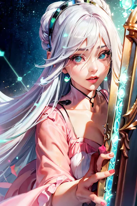 woman, silver hair, green jade eyes and pink batm and white plain dress, Anime realistic artstyle, 4K realistic digital art, 4K realistic digital art, DeviantArt Artstation CGScosiety, ArtGerm extremely detailed, made with anime painter studio, looking at ...