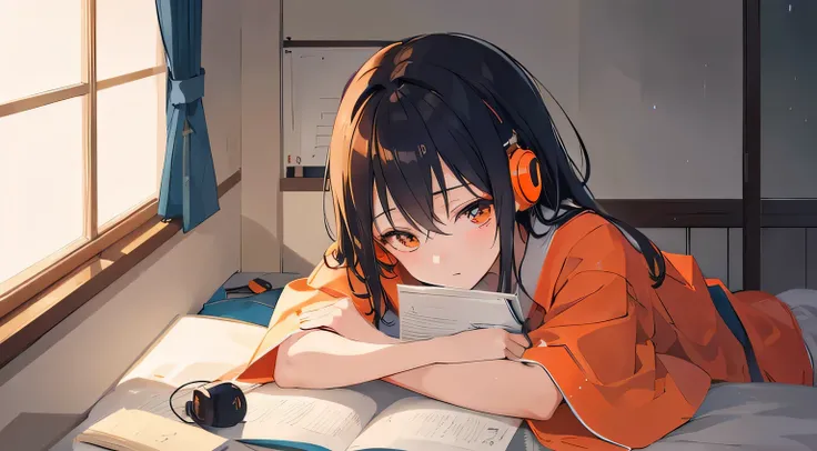 a japanese girl studying at her room with headphones on night rain day, Looking at her notes, write, Calm, Chill, Dim Light, Orange light, Wet day, warm, night, quiet, High resolution, Super sharp, 8k, masterpiece