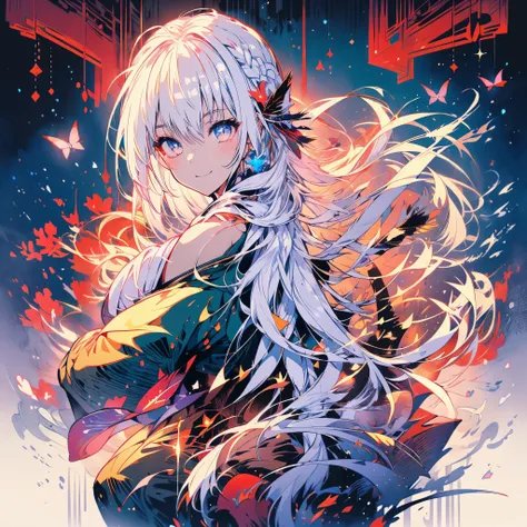 ((Fantasy　White Hair　Long Hair　black　one person　Lonely　Open chest kimono))　((night　Japanese style　old　Shining Aura))　(Dance　Grasp the sword　Hold with both hands)　moon　star　Draw your sword　Slashing　Catch the wind　print　Tense face　Shining Edge　Reflection of ...