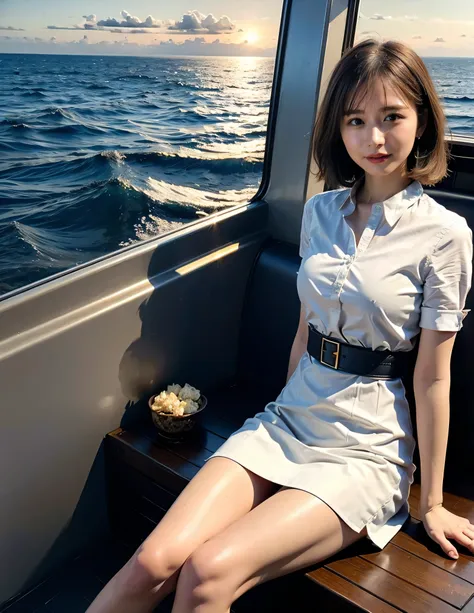 Woman standing on a boat、Light brown hair、Elegant hairstyle、Blue Eyed Woman、A woman with a cute upward gaze、When the sky gets dark、The gentle lights of the ship shine、The sky turns red as the sun sets、Tight clothing that shows your body lines、、A classy whi...