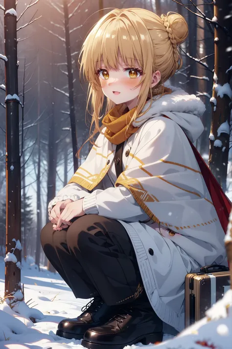 this is mahirshina, mahiru shiina, blonde, (brown eyes:1.7), long hair, happy smile, smile, open your mouth,hair bun, single hai...