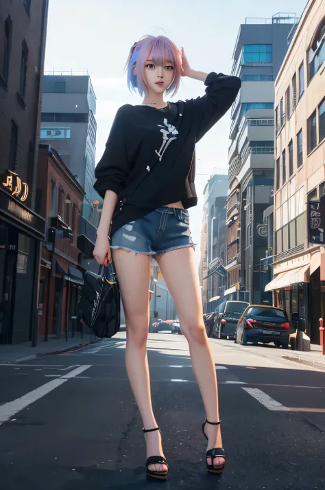 There is a woman standing on the street with her legs crossed., Realistic Anime 3D Style, Anime Style. 8k, Gweiz-style artwork, City Girl Fan Art, Standing on the street, Standing in the city centre, Trending on cgstation, Anime Style 4 k, Realistic art st...