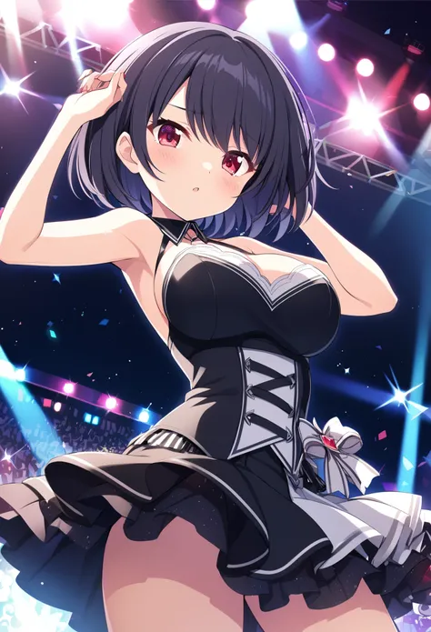 OnitsukaChiho, black hair, red eyes, short hair, , large breasts,, Live Stage, solo .