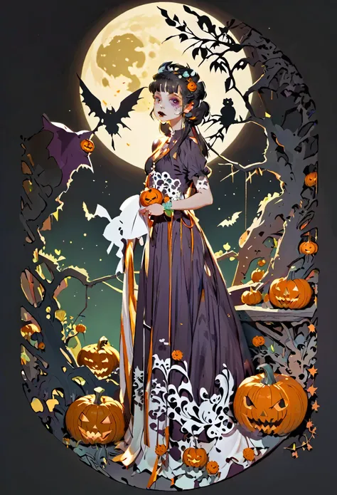 (((paper cutting style))), 1 zombie, dress up, portfolio from side, pumpkin, moon