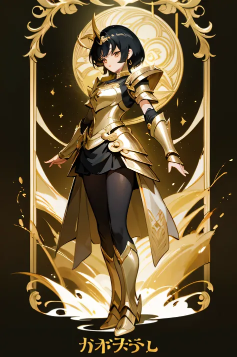 Woman short black hair, dressed in black and gold standing on a wooden bench, knights of the zodiac girl, knights of the zodiac girl, saint seiya, Saint Seiya, female key art, in goldfish armor, detailed, armor girl, golden armor