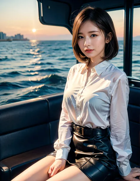 The sky turns red、Woman standing on a boat、Light brown hair、Elegant hairstyle、Blue Eyed Woman、A woman with a cute upward gaze、When the sky gets dark、The gentle lights of the ship shine、The sky turns red as the sun sets、Tight clothing that shows your body l...