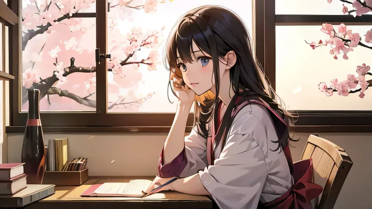 Japanese anime style　Girl studying in room　You can see the cherry blossoms outside the window　