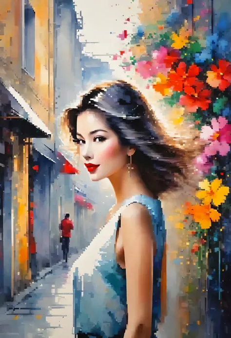 Watase Seizo style, Standing in front of a high wall，Simple Line Initialism，Abstract art，Urban Background, (((The most beautiful girl))), Lips in Love, walking, colorful flowers