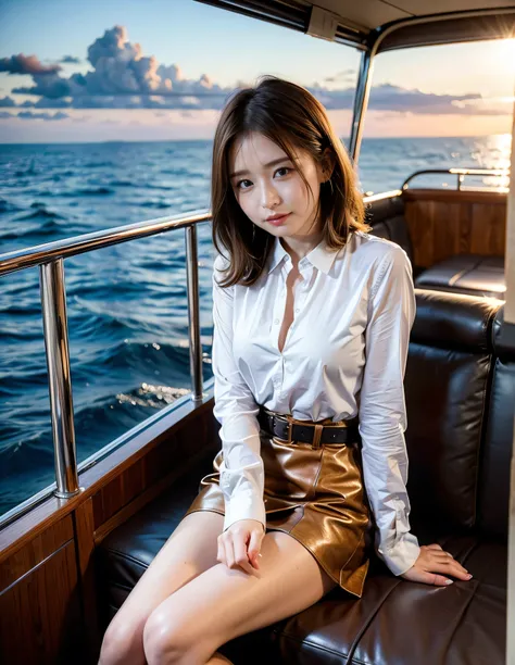 The sky turns red、Woman standing on a boat、Light brown hair、Elegant hairstyle、Blue Eyed Woman、A woman with a cute upward gaze、When the sky gets dark、The gentle lights of the ship shine、The sky turns red as the sun sets、Tight clothing that shows your body l...