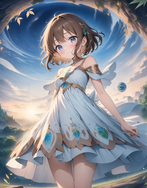 ((style:Colored pencil,pale colour)),(anime)、(masterpiece:1.2),atmospheric perspective,lens flare、Land of Earth、(Princess of the Earth)、Otherworldly fantasy、cute、Leaves are flying around、((Brown princess dress with earth motif))、Light effects、Brown Hair、Dr...