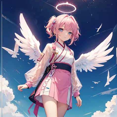 sixteen year old girl，Pink Hair，Hanfu，Halo，windbreaker，Angel Wings，whole body