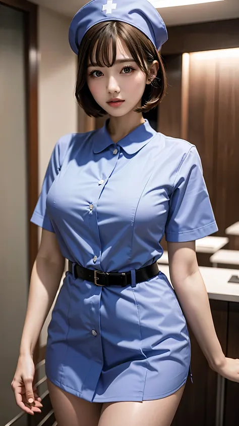 highest quality, masterpiece, Ultra-high resolution, (Reality: 1.4), Original photo, One girl, Nurse uniform, Cinema Lighting, Big Breasts, Cover Chest,　Bobcut