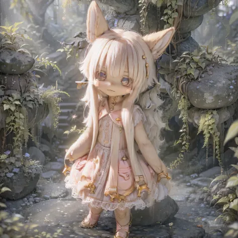 in the garden, smiling girl, similar to nanachi from made in abyss. she is beautiful, beautiful eyes and lips. girl (((chibi sty...