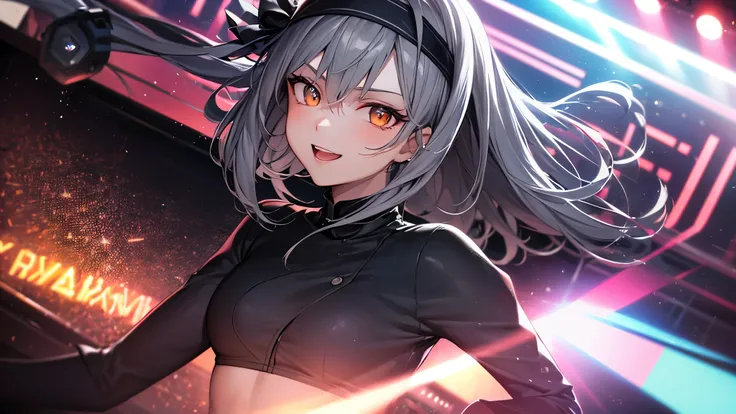 highest quality, 8k, 4K, High resolution, (Beautifully detailed face), High Contrast, Nightclub, Disco Lights, 1 girl, Gray Hair, Orange eyes, Headband Top, Tight black pants, Happy, Have fun, Dancing, Dynamic pose, Upper Body