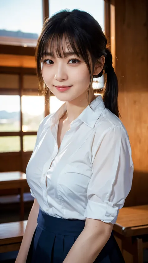 (highest quality,masterpiece:1.3,Ultra-high resolution),(Super detailed,Caustics,8k), (Photorealistic:1.4, RAW shooting),Dusk,Classroom at dusk,Japanese,20-year-old,smile,Natural Makeup,Black hair ponytail,(White shirt),Big Breasts,Waist up shot,Natural li...