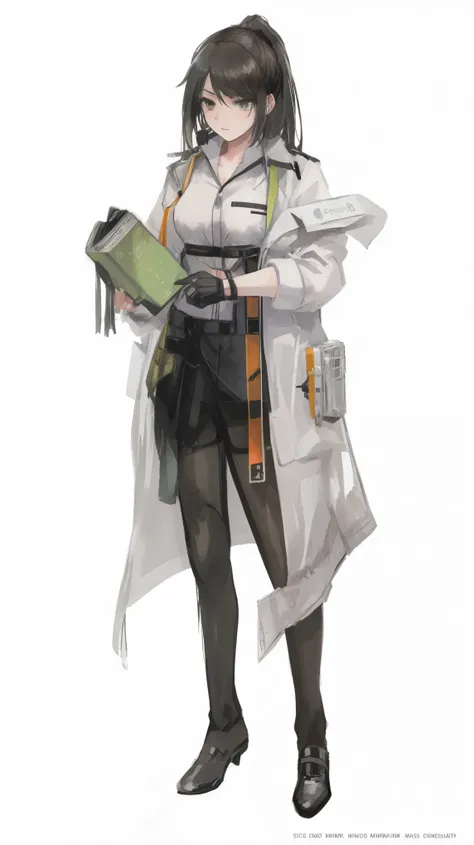 (ponytail forehead hair pulled back:1.3), a woman in a white coat holding a green bottle and a book, from girls frontline, fine details. girls frontline, gordon freeman as a woman, anya from spy x family, girls frontline universe, girls frontline style, ma...