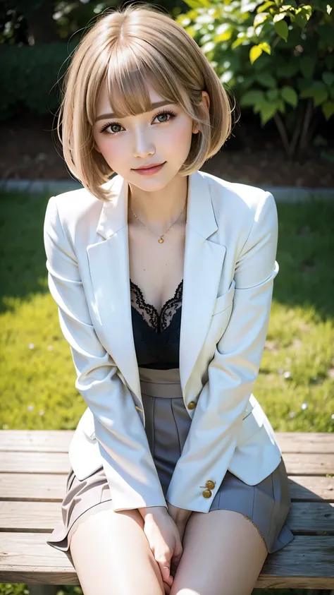 sunny day, Elegant photo of a girl in a blazer dress, (Puffy eyes:1.05), (White lace shirt), Platinum brown hair, (Angled Bob:1.4), Flat bangs, (Flowing hair), smile, Happy, happiness, Skin with attention to detail, Skin pores, A beautiful innocent symmetr...