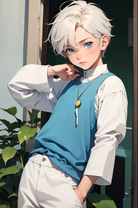 a really cute boy, age 5, shiny heavenly blue eyes, white lush hair, slightly tanned skin, in a full sleeve white shirt, half pants, green pendent, plain adorable look, looking at viewer