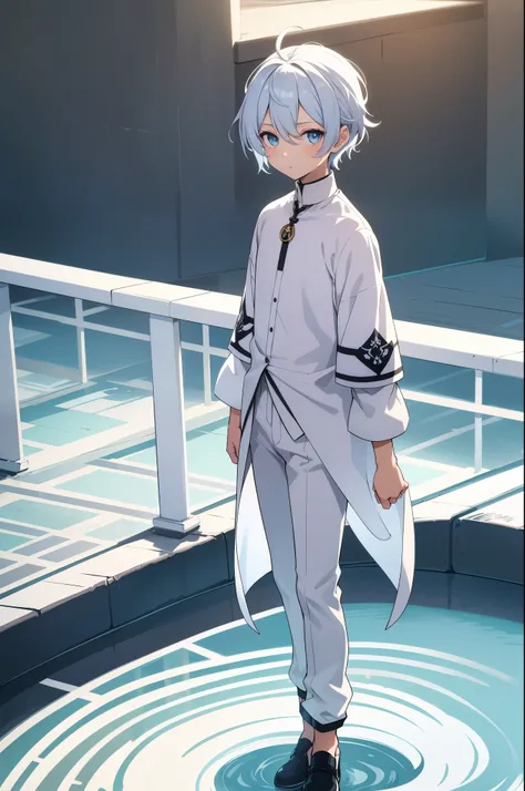 a really cute boy, age 5, shiny heavenly blue eyes, white lush hair, slightly tanned skin, in a full sleeve white shirt, half black pants, green pendent, plain adorable look, looking at viewer, standing, show full body
