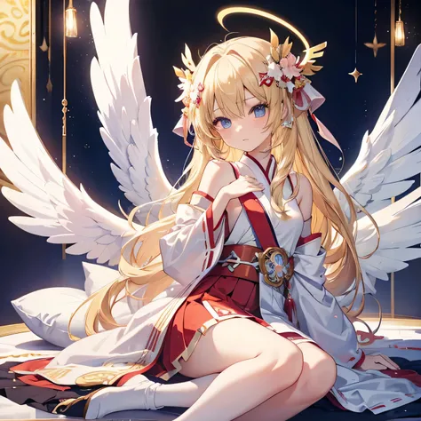 sixteen year old girl，Blonde，Miko Costume，Halo，，Angel Wings，whole body