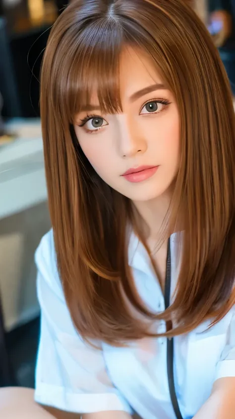 Best quality, 8k, ,Masterpiece :1.3)), facing viewer,((full body1.2)) ,pretty woman, wide shot ,1girl, , selfie , , Hair salon, brown hair , bangs,ultra-detailed face, highly detailed lips, detailed eyes, double eyelid
