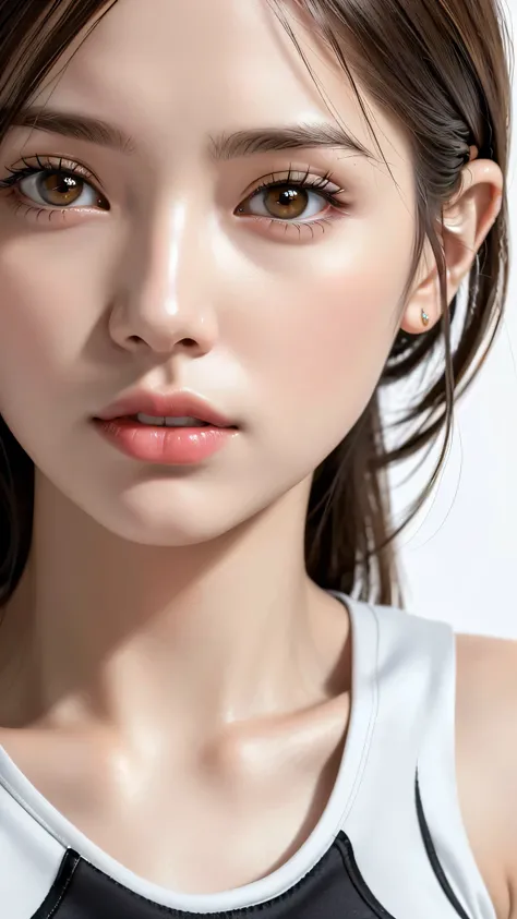 photorealistic realism 16K quality, (super details beautiful face), (super quality details in realistic texture: skin, hair), 1 woman, 17 years old, Japanese Supermodel, ((anatomically correct)), ((perfect proportions)), (((Ultra high-res Realistic brown_e...