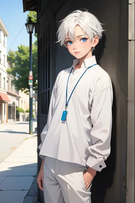 a really cute boy, age 5, shiny heavenly blue eyes, white lush hair, slightly tanned skin, in a school attire, green pendent, plain adorable look, looking at viewer, street in background
