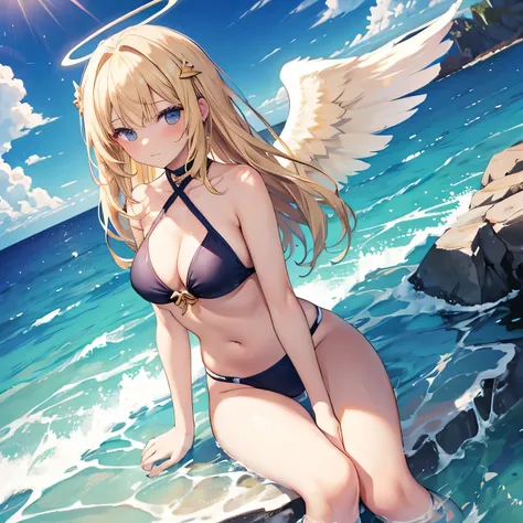 sixteen year old girl，Blonde，swimsuit，Halo，，Angel Wings，whole body