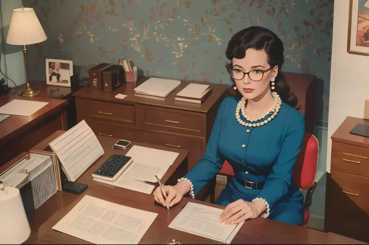 sweet bespectacled 1960s Caucasian secretary, dress pearls, earrings, working on a late night report for her boss in a busy 1960s office, 8k high detail, wallpaper, 