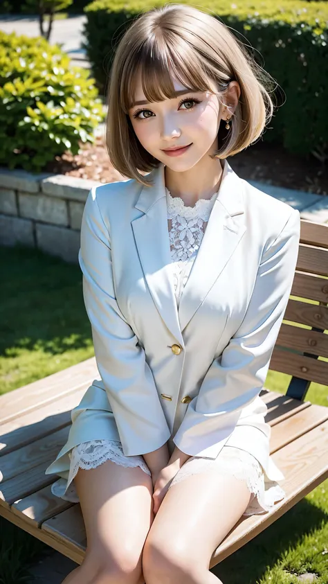 sunny day, Elegant photo of a girl in a blazer dress, (Puffy eyes:1.05), (White lace shirt), Platinum brown hair, (Angled Bob:1.4), Flat bangs, (Flowing hair), smile, Happy, happiness, Skin with attention to detail, Skin pores, A beautiful innocent symmetr...