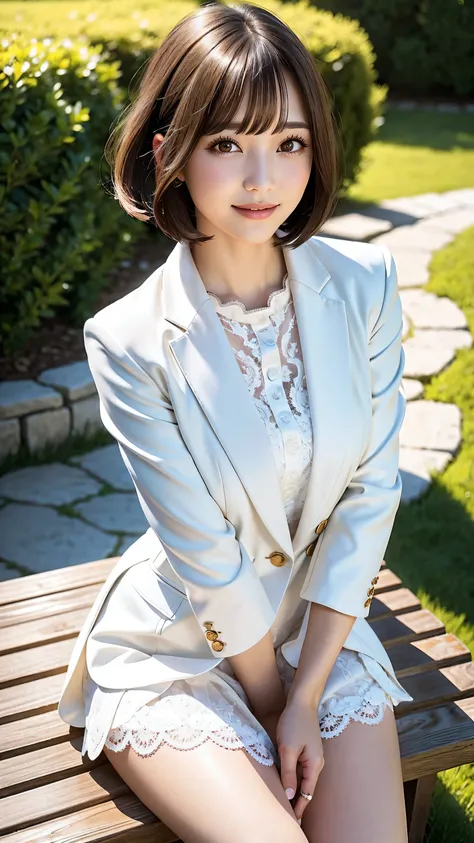 sunny day, Elegant photo of a girl in a blazer dress, (Puffy eyes:1.05), (White lace shirt), Platinum brown hair, (Angled Bob:1.4), Flat bangs, (Flowing hair), smile, Happy, happiness, Skin with attention to detail, Skin pores, A beautiful innocent symmetr...