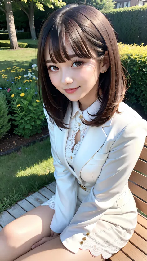 sunny day, Elegant photo of a girl in a blazer dress, (Puffy eyes:1.05), (White lace shirt), Platinum brown hair, (Angled Bob:1.4), Flat bangs, (Flowing hair), smile, Happy, happiness, Skin with attention to detail, Skin pores, A beautiful innocent symmetr...