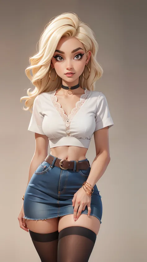 1girl,solo,(cute), makeup, (blond hair), (hair tubes),bracelet,earrings, choker, (high quality), (best quality), sharp focus:1.2, ((masterpiece)), 

curvy body,perfect dark mascara,narrow waist, narrow hips, narrow 

(White blouse, cropped denim skirt), ( ...