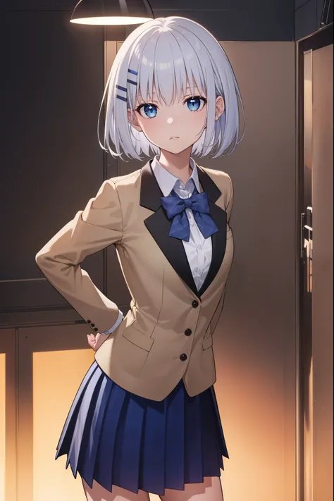 origamitobiichi, origami tobiichi, blue eyes, short hair, , Gray Hair, Barrette, hairpin,
break , White shirt, Collared shirt, blazer, black blazer, Long sleeve, skirt, blue skirt, Knee-high,
break looking at viewer,Are standing, (Leaning forward:1.2), (Pu...