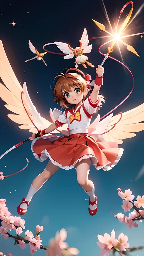 ((kinomoto sakura from cardcaptor sakura)),brown hair, cute, combat, full body shot, action posing, fly in the sky,