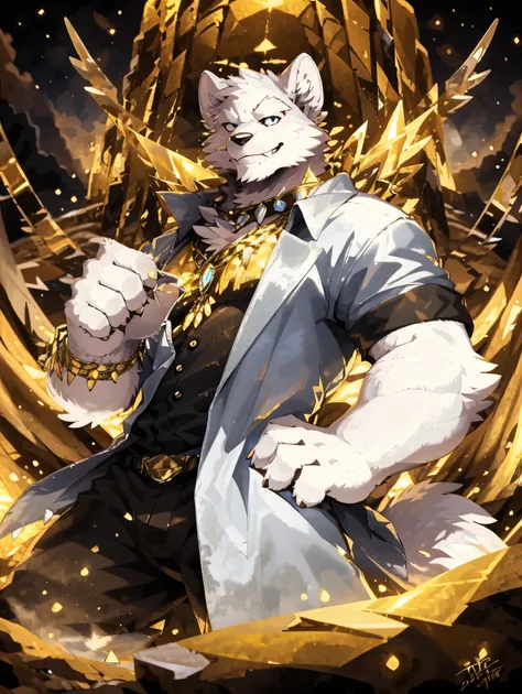 In the vault, ((all white fur:1.5)), solo, Perfect sky blue eyes, Spike Collar, (artist:Takemoto Arashi), Mature face, elder, naughty face, glint, longeyelashes, (fang out:1.5), (Clear facial details), Wearing white long trench coat|Black pants, Surrounded...