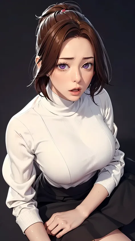 （（（完美figure，figure，solo， White and tender skin，（（（Cyberpunk，red turtleneck shirt, black skirt, ））），（（（junescdef,brown hair,purple eyes,medium hair，））），((masterpiece)),high resolution, ((Best quality at best))，masterpiece，quality，Best quality，（（（ Exquisite ...