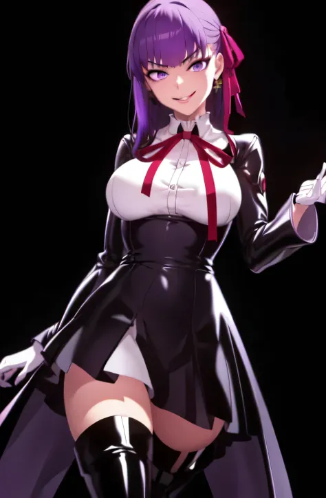 FECCC, AiKouhaiOutfit, 1girl, solo,
(beautiful_face:1.5),(narrow_waist),,Highly detailed CG Unity 8K wallpaper, perfect lighting,laugh at,evil smile,evil smirk,looking at viewer,latex thighghigh boots,official art,