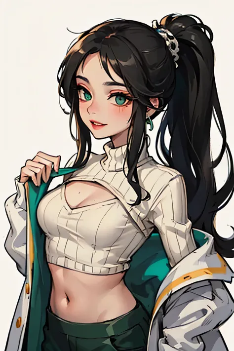 Amazing portrait of a sexy woman with a beautiful face and beautifully detailed eyes and beautifully detailed lips all emphasized by some sexy makeup wearing a dark green sweater and cream cargo pants paired with some earrings with her long black hair in a...