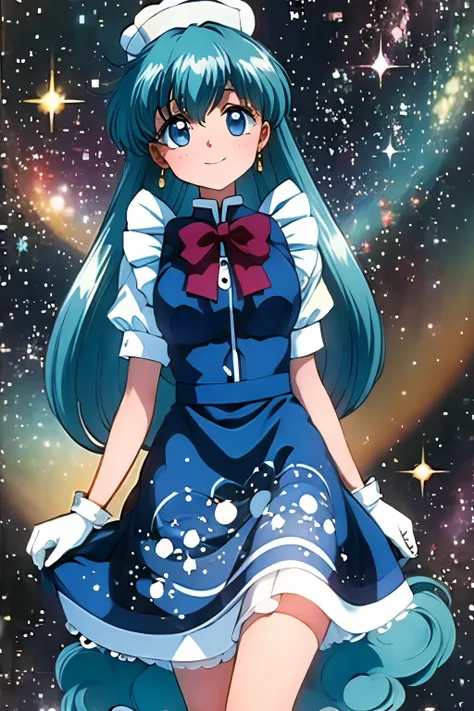 (masterpiece, best quality:1.2), Heavenly Ghost ，1 girl, Solitary,Smile（（（The eyes are delicate）））Delicate blue hair color，（（Maid clothes））In space