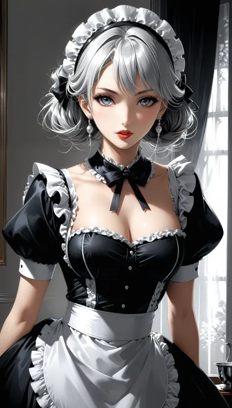 artist by Takeshi Obata, (in style of Lillian Bassman:1.2)(A beautiful mature anime girl in maid costume, (full details maid costume, maid dress),ed lips